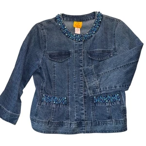 Ruby Rd Petite Embellished Denim Jacket Blue Sparkle Button Front Women's Sz 10 - Picture 1 of 6