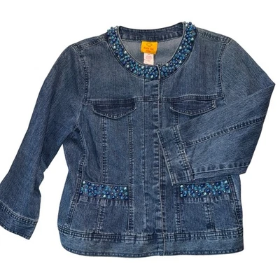 Ruby Rd Petite Embellished Denim Jacket Blue Sparkle Button Front Women's Sz 10 - Image 1 of 4