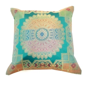 12x12 Inch Cushion Covers Teal Green Banarasi Mandala Woven Zari Brocade Silk - Picture 1 of 8