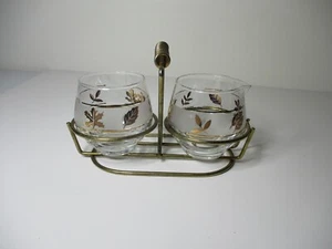 Vintage Libbey Glass Sugar & Creamer Caddy Set Gold Leaves FROSTED GLASS - Picture 1 of 12