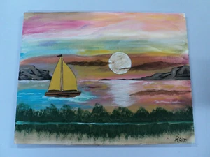 11x14 Acrylic Painting Sailing Moon By Local Amateur Artist - Picture 1 of 2