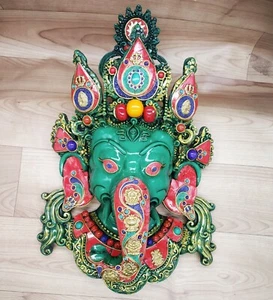 Ganesha Mask 16" with Gemstone Work Wall hanging Sculpture wall Decor Religious - Picture 1 of 4