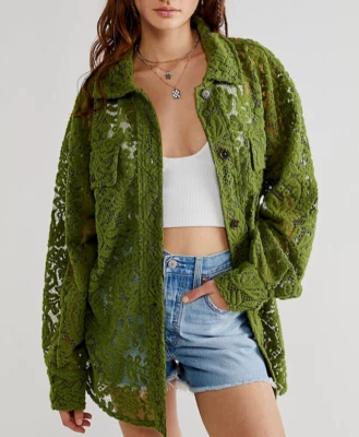 Free People NUEVO CON ETIQUETAS Talla Mediana FABULOSA Gran Tamaño VERDE Rubí Encaje Chaqueta/Chaqueta Foto 1 de 3