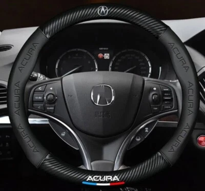 15" Car Steering Wheel Cover Faux Leather For Acura Carbon Fiber + Black Round - Image 1 of 4