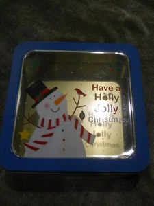 Weihnachten quadratische Dose mit Fenster, Schneemann, Blech Stahl ~ 7" x 7" x 2,5" . - Bild 1 von 2