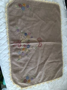 Vintage Needlepoint Handmade Table Cover/doily Basket With Flowers Tan/ Yellow - Picture 1 of 12