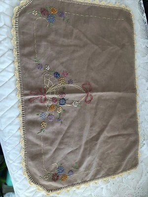 Vintage Needlepoint Handmade Table Cover/doily Basket With Flowers Tan/ Yellow - Image 1 of 4