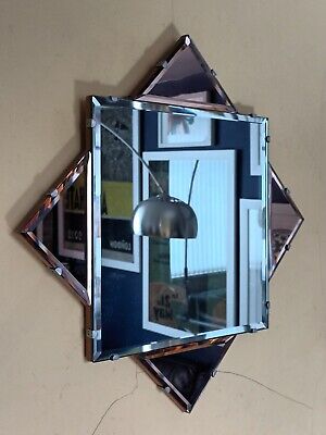 Vintage Art Deco Geometric Clear & Peach Frameless Bevel Edge Wall Mirror 1930s  • 70£