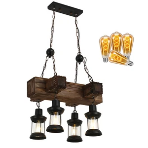 Retro 4-Lampe Rustikale Hängelampe Deckenlampe, Kronleuchter Holz Hängelampe 🔥 - Bild 1 von 24