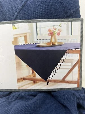 Threshold Dark Blue Cotton Fringed Table Throw 50" x 50" New - Image 1 of 4