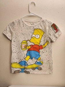 SIMPSONS Bart Skateboarding Sqiushee Kwik E Mart Patch White T-Shirt Size Kids 8 - Picture 1 of 6