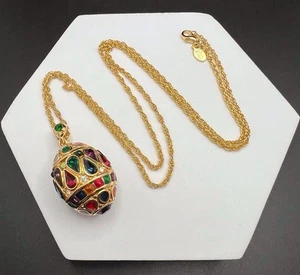 Joan Rivers Gold Tone Faberge Egg Pendant Necklace Multicolor Crystals 29” Chain - Picture 1 of 6