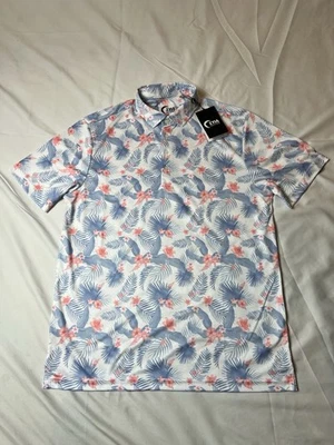 Zyia S/S Polo Golf Shirt Hibiscus Floral Blue, White NEW Men's Medium NWT - Image 1 of 4