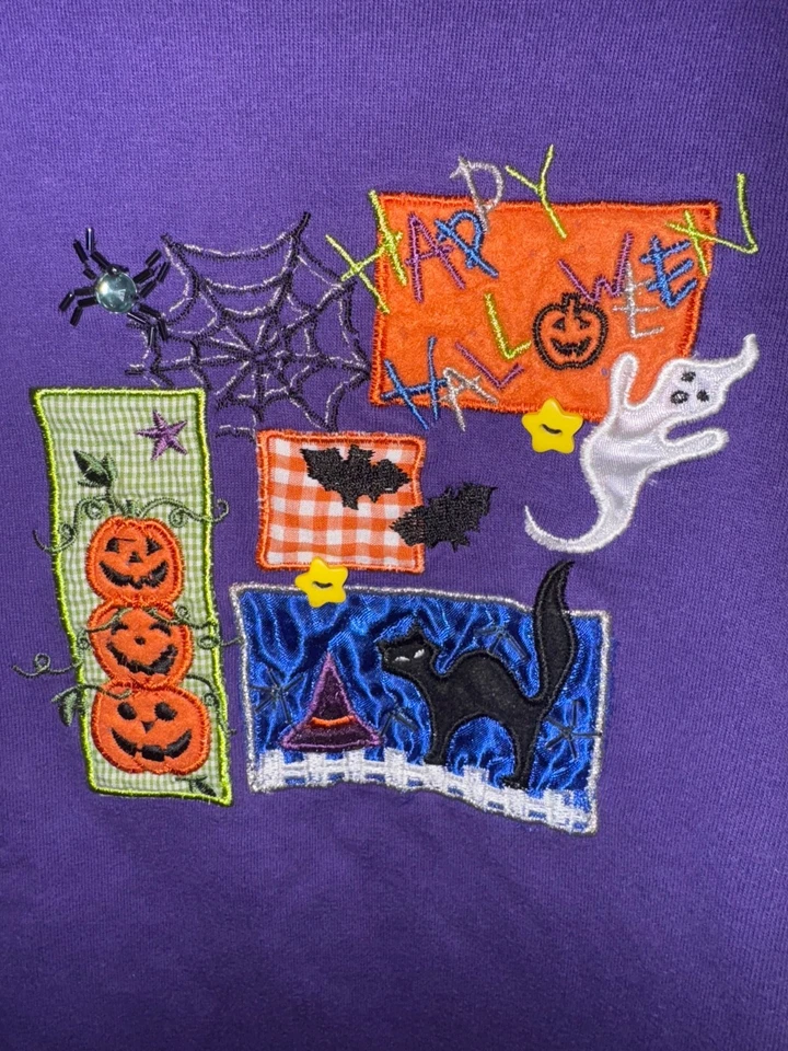 Moletom feminino vintage Halloween roxo tamanho médio 8/10 bordado Granny Core - Imagem 1 de 4