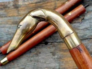 Vintage Victorian Wooden Walking Stick Brass Dog Head Handle Designer Cane Gift - Picture 1 of 5