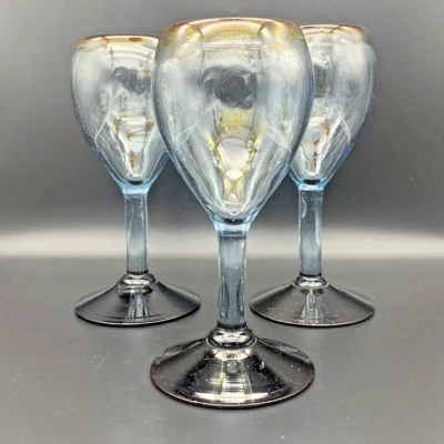 手工制作墨西哥玻璃葡萄酒水杯棕色和淡蓝色 3 件套 — 第 1/4 张图片