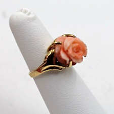 14K Yellow Gold & Carved Pink Coral Rose Flower Ring 5.5 Grams Size 5.25