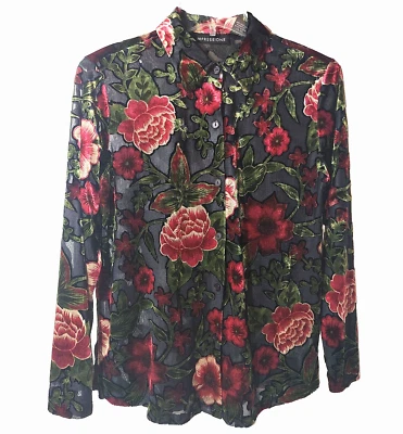 Впечатления Sz M бархата выгорания черный розы рубашка на пуговицах Y2K Whimsigoth фея - Изображение 1 из 4