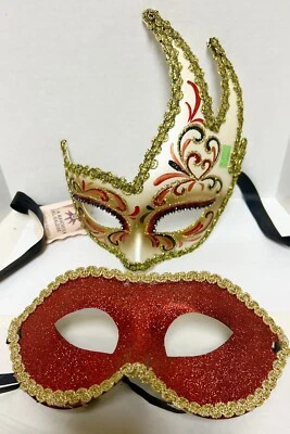 2 New Masks LaMascheraDelGaleone Venetian HandPainted and a Red/Gold Bling Mask - Image 1 of 4