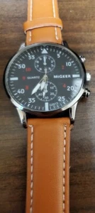 Migeer Black Dial Round Case Brown Faux Leather Band Watch - Picture 1 of 1