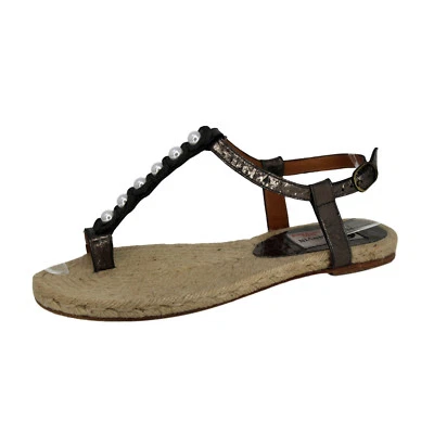 LANVIN Dark Silver/Gold Metallic Pearl T-Strap Espadrille Sandals - US 8.5 $575 - Image 1 of 4