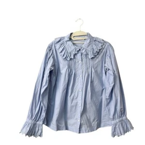 Charlie Joe Blue Ruffle Collar Poplin 100% Cotton Size Small - Picture 1 of 10
