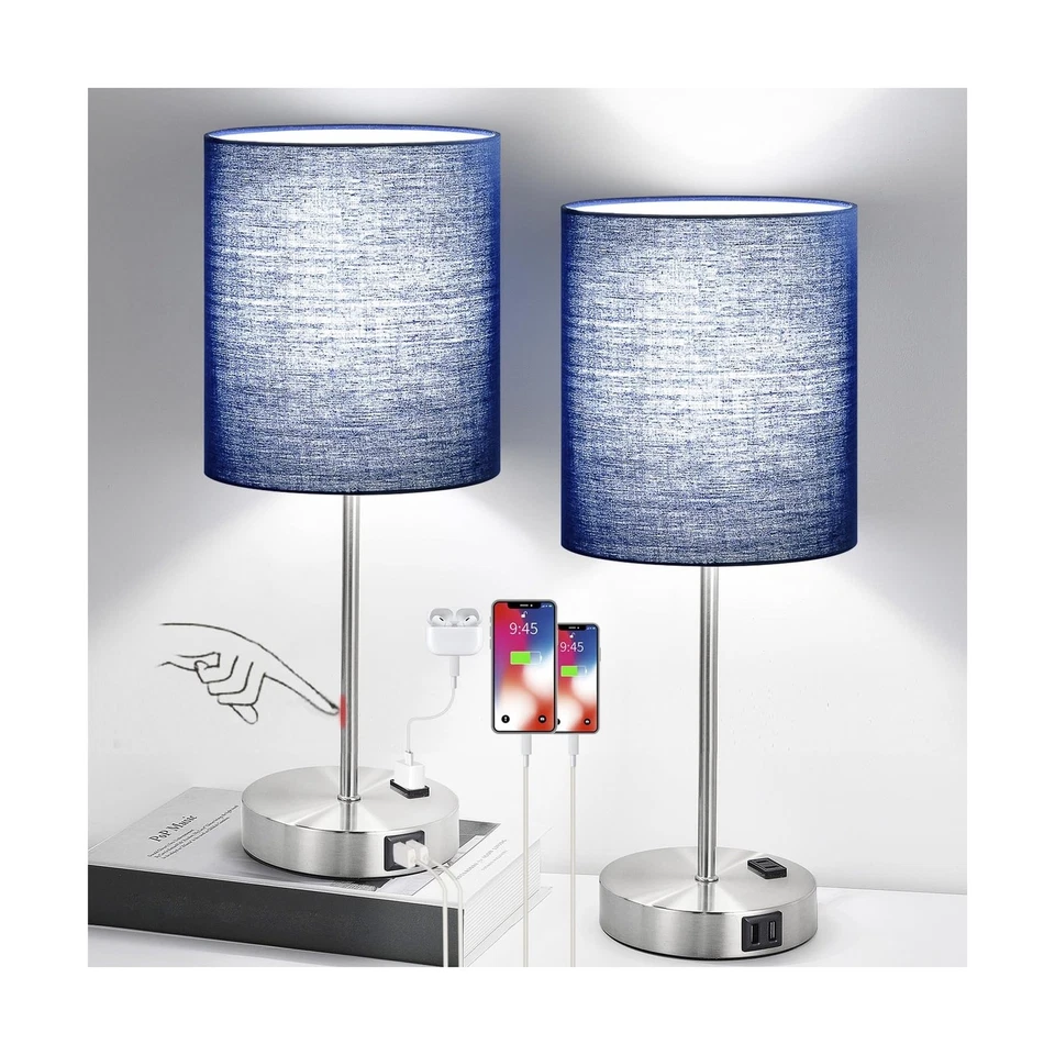 Set of 2 Touch Control Table Lamps With 2 USB Ports & AC Outlet 3-way Blue