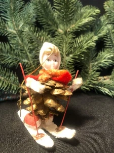 Vintage Christmas~ Putz Pine Cone Girl Skiing~ Mica Glitter~ Christmas Ornament - Picture 1 of 11
