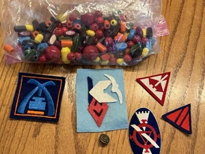 Vintage Lot Camp Fire Girls Wood Beads Patches Uniform Cuff Collar Button - Picture 1 of 3