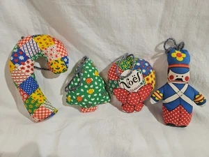 SWEET!  Vintage Set Of 4 Handmade 1970s Vibrant Stuffed Fabric Christmas Ornies - Picture 1 of 14