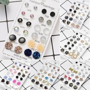 Wholesale 12 Pairs Earrings Set Rhinestone Crystal Pearl Women Stud Jewelry Gift