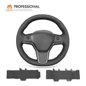 MEWANT Handstitch Funda de volante de cuero genuino negro para Tesla Model 3 2017-2020 - Imagen 1 de 9