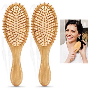 2 Bamboo Bristle Hair Brushes Natural Wooden Paddle Brush Oval Spa Scalp Massage - Picture 1 of 1