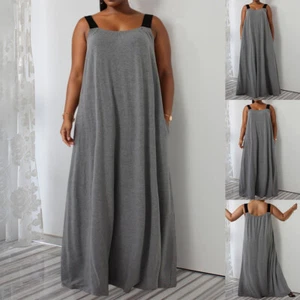 Womens Sleeveless Solid Casual Long Dress Beach Loose Sundress Plus Size Summer - Picture 1 of 13