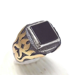 toller Onyx Ring eckig geschwärzt goldfarbene Symbole 925 Sterling Silber RG.65 - Bild 1 von 7