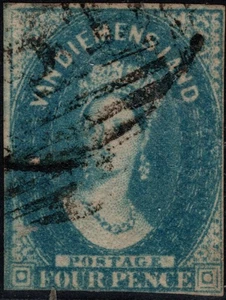 TASMANIA QV 1855 BLUE 4P SC#A3/6/WOVE PPR/4-BORDR MRGNS WMK LARGE STAR/CV$146 - Picture 1 of 3