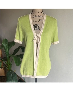 St. John By Marie Grey Tie Front Green Cream Cardigan Sweater Size 8 - Image 1 of 4