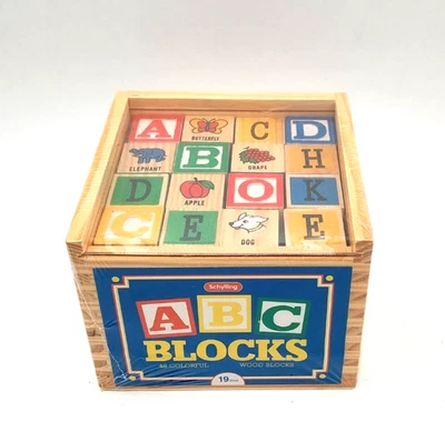 Schylling ABC ALPHABET WOODEN BLOCKS 48pcs Colorful Letters Pictures Sealed New - Image 1 of 4