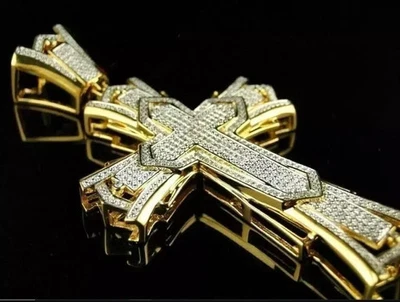 2.20Ct Lab Created Diamond Round Cross Men's Pendant 14K Yellow Gold Plated - Image 1 of 3