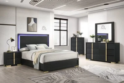 NEW Black Gold LED Queen King 5PC Bedroom Set Modern Furniture Bed/D/M/N/C - Image 1 of 4