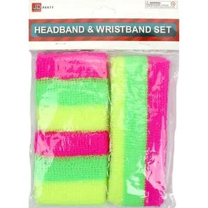 Fluro Coloured Head Wrist Sweatband Set Striped 80’s Aerobic Costume Accessory - Picture 1 of 1