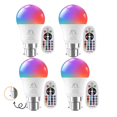RGB LED Bulbs 7W B22 with Remote | Dimmable | 16 Colours + Warm White | 4 Pack - Image 1 of 4