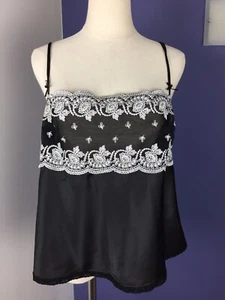 Trent Nathan Beautiful Black Satin Camisole White Lace Trim Size 14 EUC - Picture 1 of 10