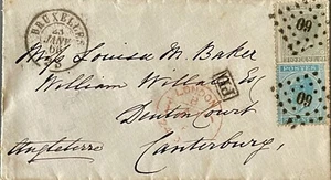 BELGIUM 1866 COVER 1 X 10 CENT & 1 X 20 CENT BRUSSELS TO CANTERBURY DT 23RD JAN - Picture 1 of 2