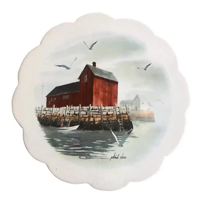 Signed Vtg Patchell Olson Ceramic Footed Trivet Ocean Side Boat House Seagull - Image 1 of 4
