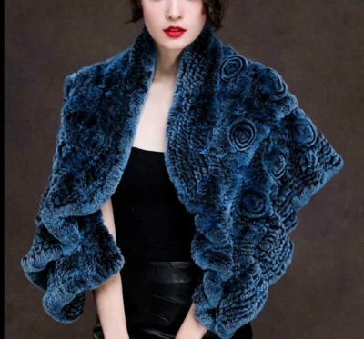 Cárdigan con capa de piel de conejo 100 % real Rex envolturas de piel chal bufanda grande con rosa Foto 1 de 4