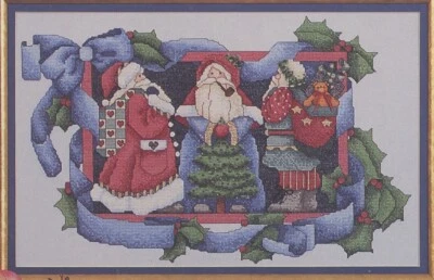 Three Faces of Santa Trio Ribbon Holly Toys Tree Counted Cross Stitch Pattern - Image 1 of 2