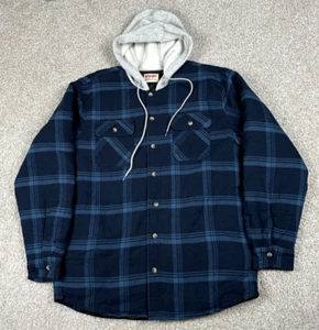 Wrangler Jacket Mens Large Blue Plaid Flannel Shacket Hooded Quilted Shirt - Picture 1 of 9