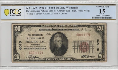 1929 Fond Du Lac Wisconsin $20 National Banknote Charter 6015 PCGS Fine 15 - Image 1 of 2