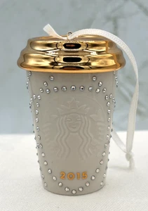 2015 Starbucks Ceramic Swarovski Christmas Ornament Limited Edition Mini To Go - Picture 1 of 12